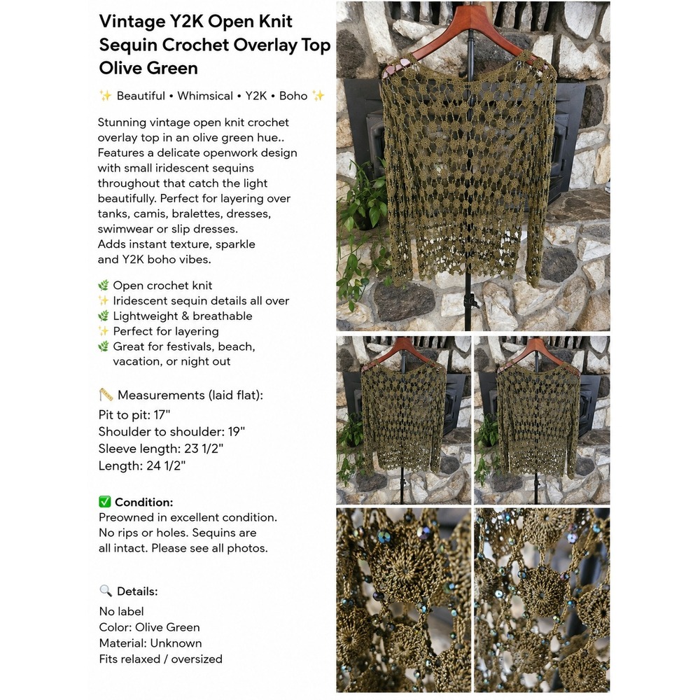 Vintage Y2K Open Knit Sequin Crochet Overlay Top Olive Green Boho Festival